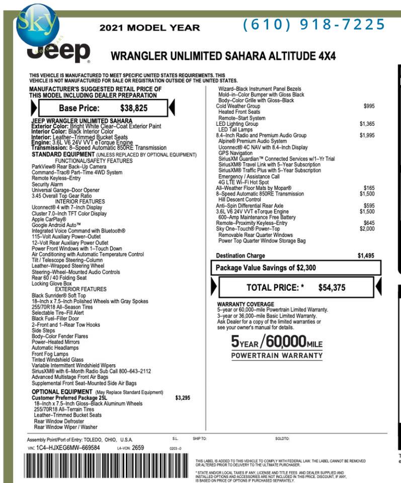 2021 Jeep Wrangler 4WD Unlimited Sahara Altitude SKY ONE-TOUCH POWER TOP West Chester PA