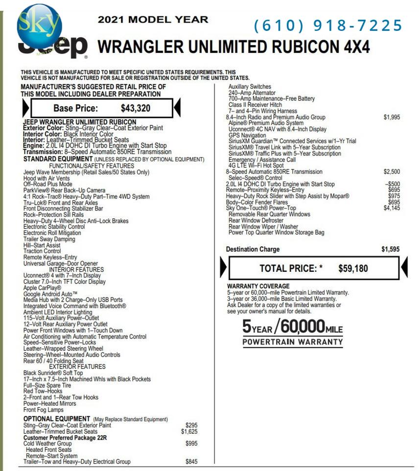 2021 Jeep Wrangler Unlimited 4WD Rubicon SKY ONE-TOUCH POWER TOP West Chester PA