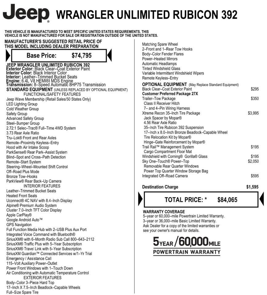2021 Jeep Wrangler Unlimited Rubicon 392 4X4 / Xtreme Recon / Sky One Roof! Lincolnton NC