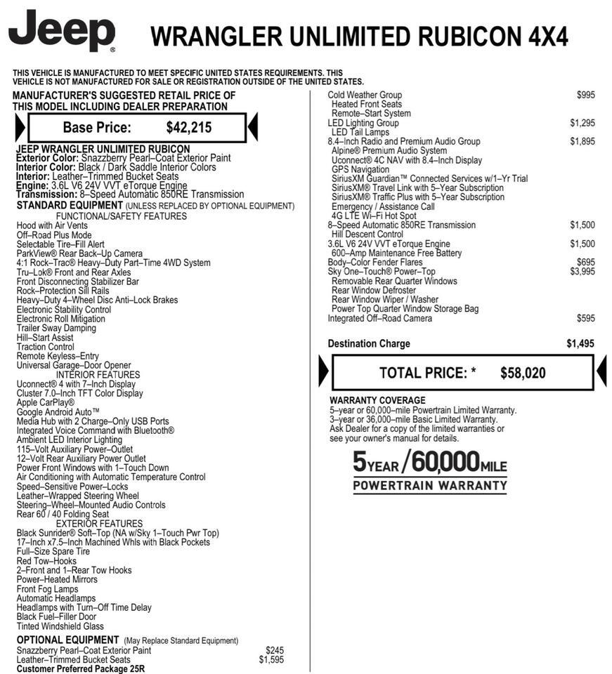 2021 Jeep Wrangler Unlimited Rubicon 4X4 / Sky One Roof / Cold Weather Group! Lincolnton NC