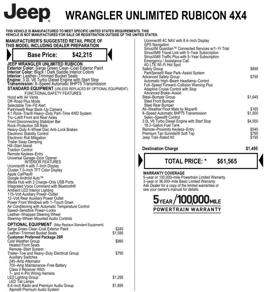 2021 Jeep Wrangler Unlimited Rubicon 4X4 / Steel Bumper Group / Turbo Diesel Lincolnton NC