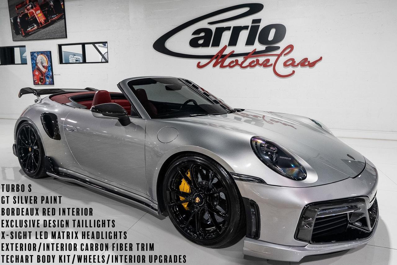 2021 Porsche 911 Turbo S Cabriolet TECHART BODY KIT/WHEELS/INTERIOR UPGRADES! GT Silver paint, Bordeaux Red interior