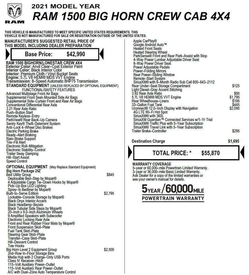 2021 Ram 1500 Big Horn 4X4 / Built-To-Serve Edition / Level 2 Equipment! Lincolnton NC