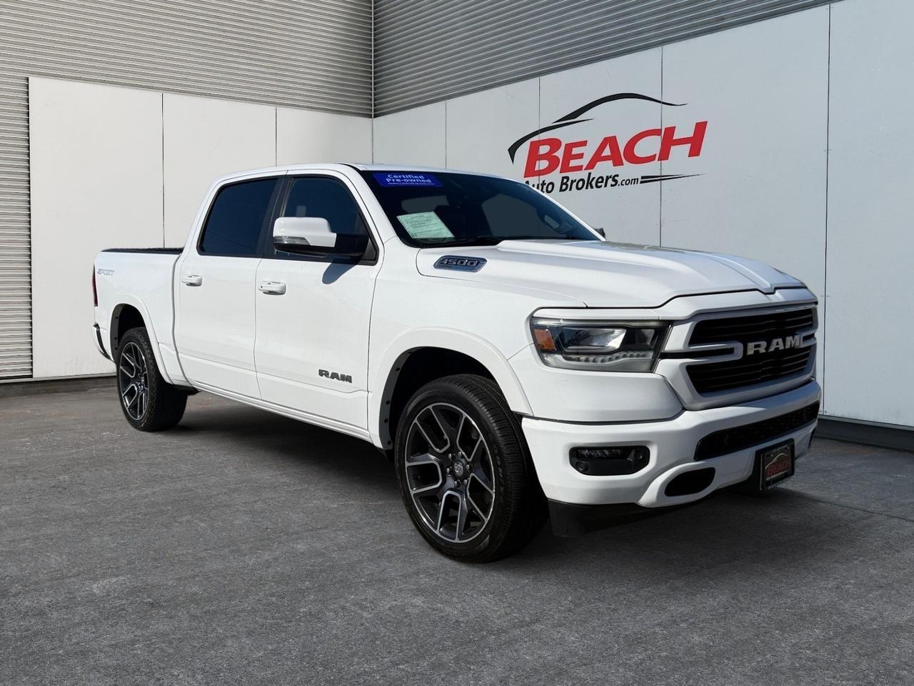 2021 Ram 1500 Laramie, HEATED/VENTILATED SEATS, HEATED REAR SEATS, HARMAN/KARDON SPEAKERS, APPLE CARPLAY/ANDORID AUTO, UNIVERSAL GARAGE DOOR OPENER, BED LINER, TOW PACKAGE, POWER SLIDING REAR WINDOW, POWER FOLDING MIRRORS, CLEAN CARFAX, ONLY 1 OWNER!