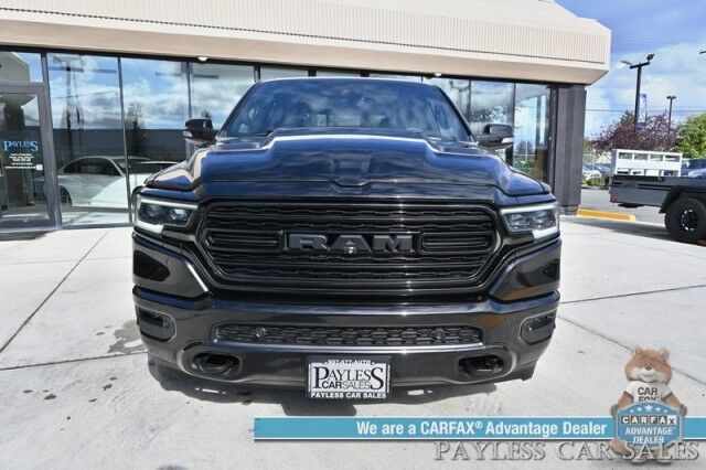 2021 Ram 1500 Limited / 4X4 / Crew Cab / Technology & Level 1 Group / Night Edition / Auto Start / Heated & Cooled Leather Seats / Heated Steering / NAV / Panoramic Sunroof / HUD / Harman Kardon / Tonneau Cover / Tow Pkg / 1-Owner Anchorage AK