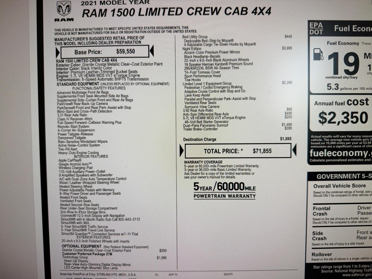 2021 Ram 1500 Limited, Night Edition, Level 1, Pano Roof, Tech Group, Hemi, Air Suspension Houston TX