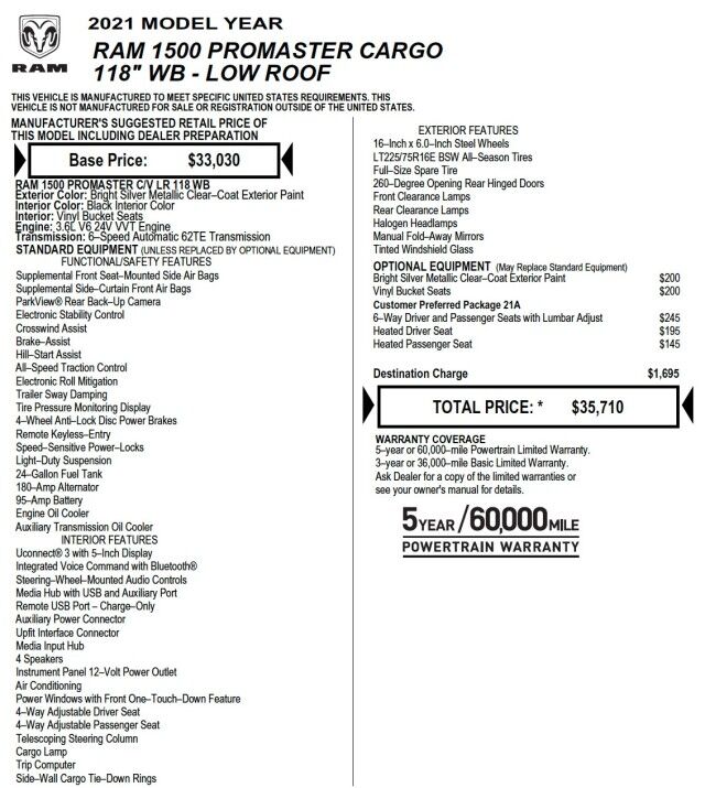 2021 Ram 1500 ProMaster Cargo Van / Low Roof / Vinyl Seats! High Point NC