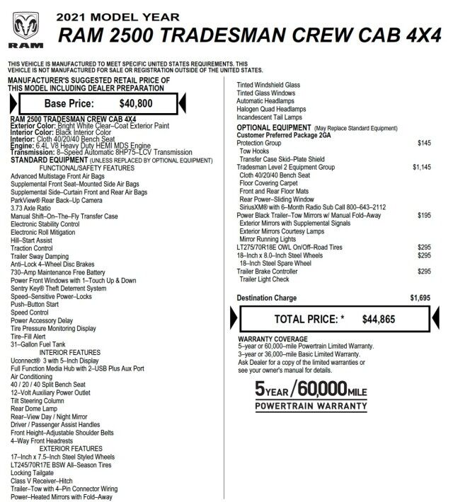 2021 Ram 2500 Tradesman 4X4 / 6.4L V8 / Level 2 Equipment! High Point NC