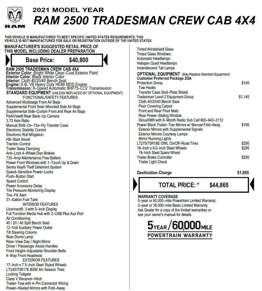 2021 Ram 2500 Tradesman 4X4 / 6.4L V8 / Level 2 Equipment! Lincolnton NC