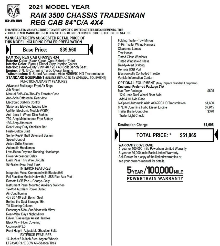 2021 Ram 3500 Chassis Cab Tradesman 4X4 / AISIN / Turbo Diesel / Tow Package! Lincolnton NC