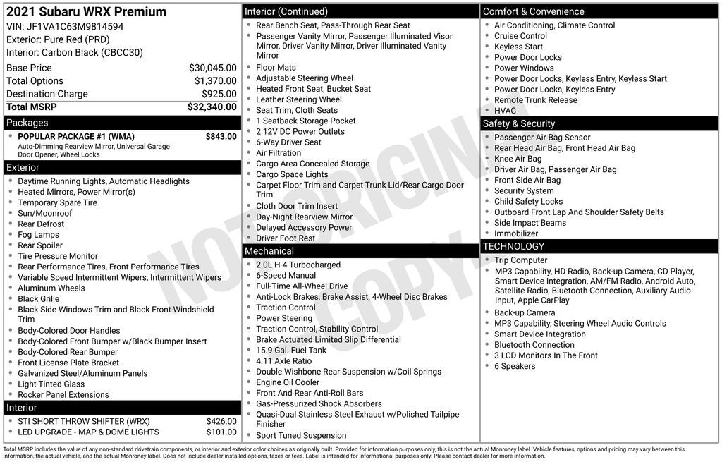 2021 Subaru WRX Premium OR