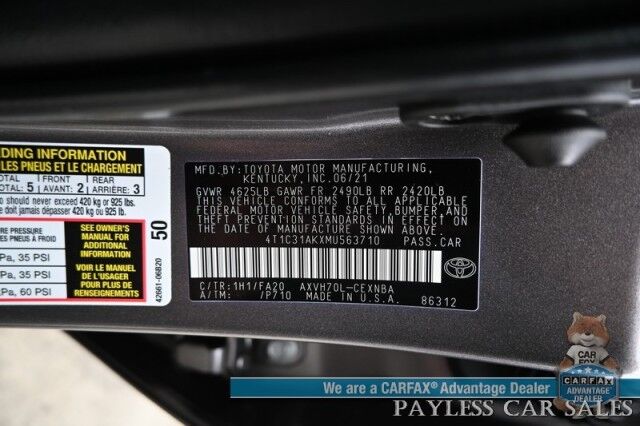 2021 Toyota Camry LE Hybrid / Automatic / Auto Start / Power Mirrors, Windows & Locks / Adaptive Cruise Control / Lane Departure & Forward Collision Alert / Bluetooth / Backup Camera / Keyless Entry & Start / LED Headlights / 53 MPG Anchorage AK 2021 Toyota Camry LE Hybrid / Automatic / Auto Start / Power Mirrors, Windows & Locks / Adaptive Cruise Control / Lane Departure & Forward Collision Alert / Bluetooth / Backup Camera / Keyless Entry & Start / LED Headlights / 53 MPG Anchorage AK