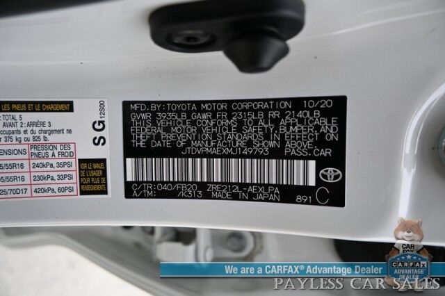 2021 Toyota Corolla LE / Automatic / Convenience Pkg / Lane Watch & Blind Spot Alert / Forward Collision Alert / Apple CarPlay & Android Auto / Keyless Entry & Start / Back Up Cam / Aluminum Wheels / Only 21K Miles / 1-Owner Anchorage AK