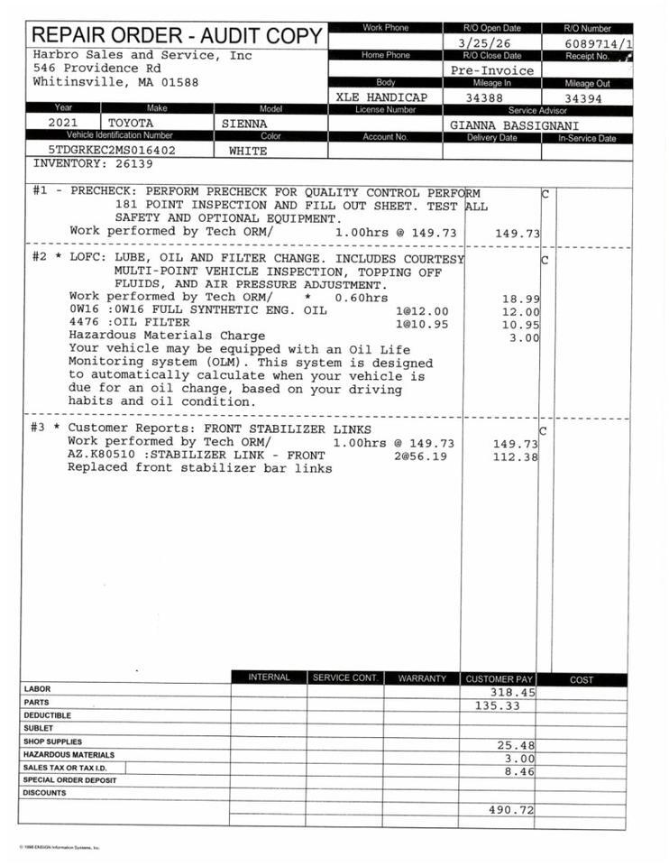 2021 Toyota Sienna XLE - HANDICAP VAN Webster MA