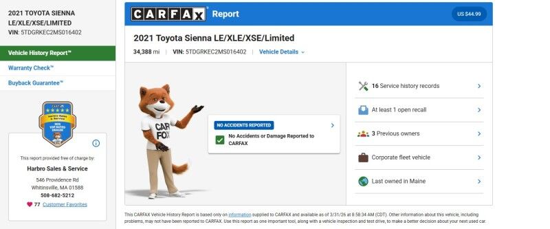 2021 Toyota Sienna XLE - HANDICAP VAN Webster MA