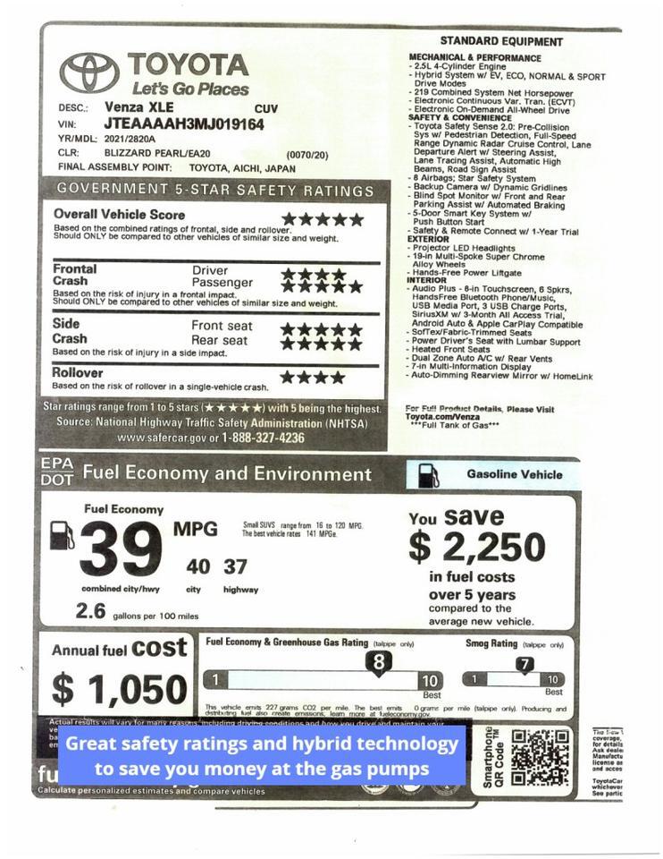 2021 Toyota Venza XLE - HYBRID - PREMIUM AUDIO - HEATED/COOLED SEATS Webster MA