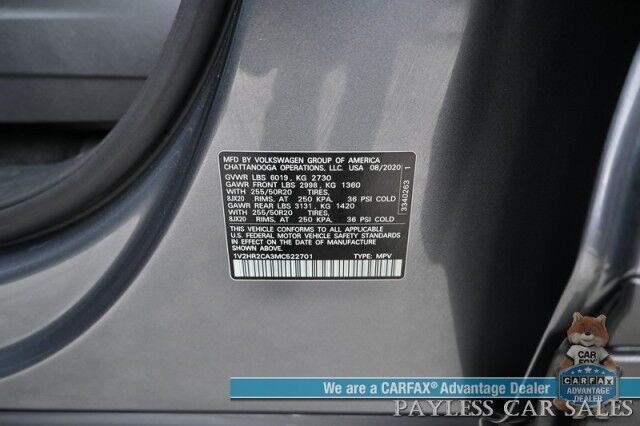 2021 Volkswagen Atlas SE / AWD / Autostart / Technology Pkg / Heated Leather Seats / Forward Collision & Blind Spot Alert / Apple CarPlay & Android Auto / Backup Camera / 3rd Row / Seats 7 / 22 MPG / Tow Pkg / 1-Owner Anchorage AK