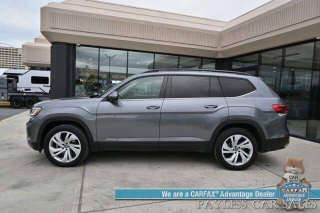 2021 Volkswagen Atlas SE / AWD / Autostart / Technology Pkg / Heated Leather Seats / Forward Collision & Blind Spot Alert / Apple CarPlay & Android Auto / Backup Camera / 3rd Row / Seats 7 / 22 MPG / Tow Pkg / 1-Owner Anchorage AK