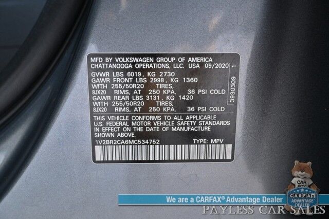 2021 Volkswagen Atlas SEL Premium / AWD / Auto Start / Power & Heated Leather Seats / Heated Steering Wheels / Sunroof / Adaptive Cruise & Blind Spot / Apple CarPlay & Android Auto / 3rd Row / Seats 6 / Tow Pkg Anchorage AK