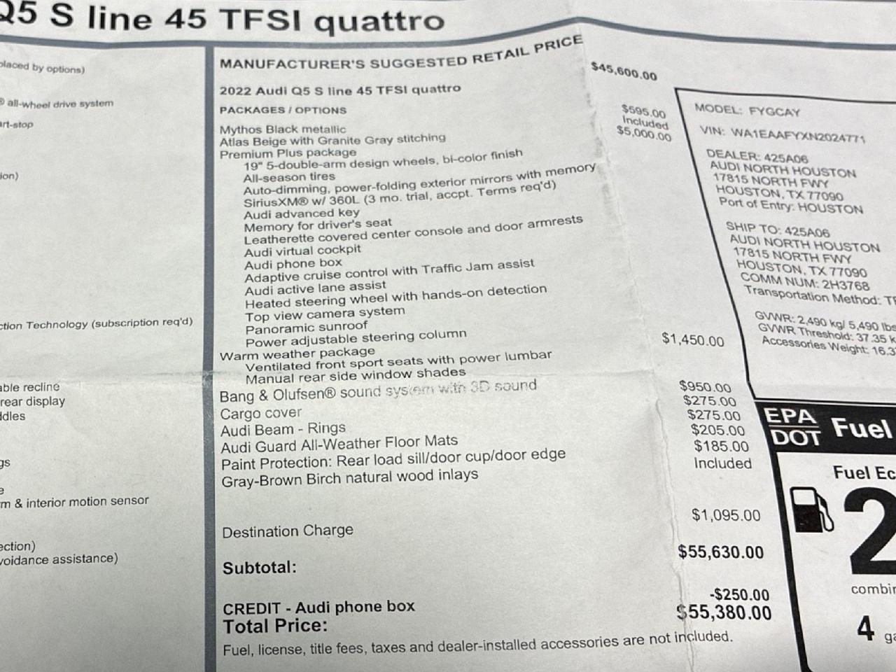 2022 Audi Q5 S line Premium Plus, Warm Weather Pkg, B&O Sound Houston TX