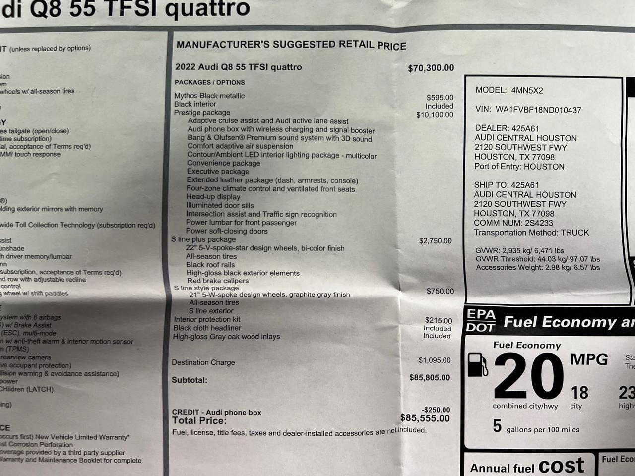 2022 Audi Q8 Prestige, S-Line Plus Pkg Houston TX