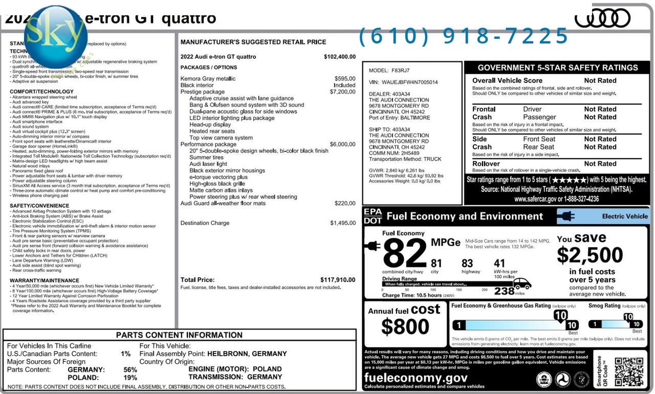 2022 Audi e-tron GT Quattro AWD Prestige $117,910 MSRP