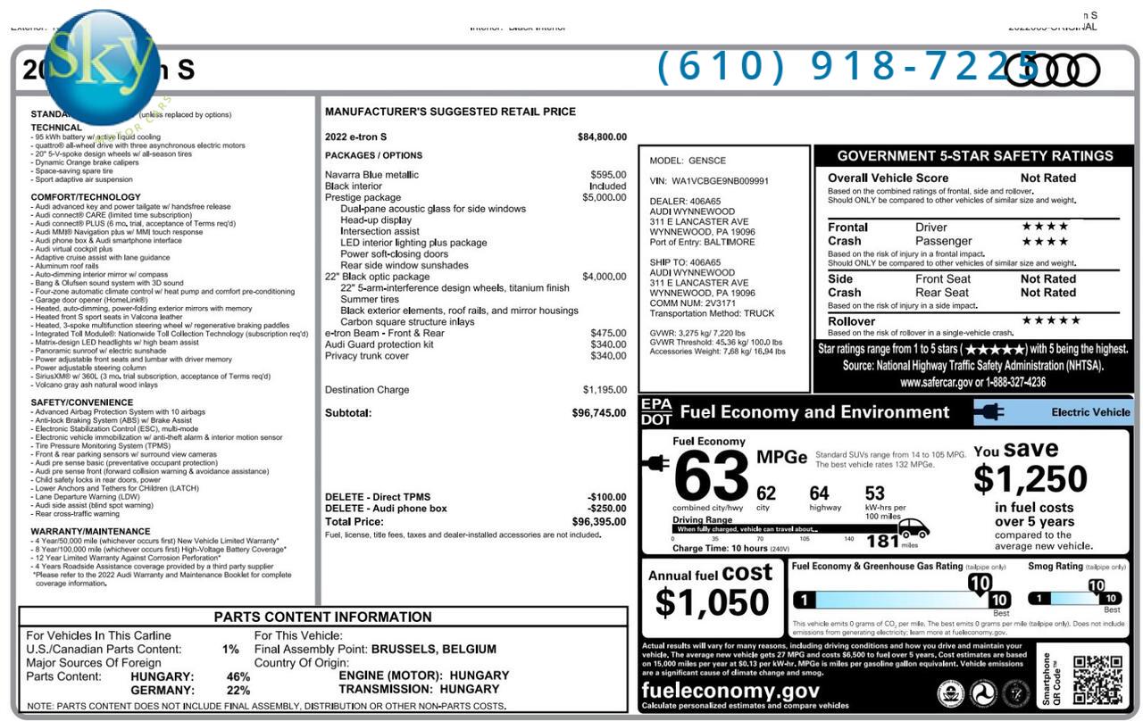 2022 Audi e-tron S Prestige Quattro AWD $96,395 MSRP