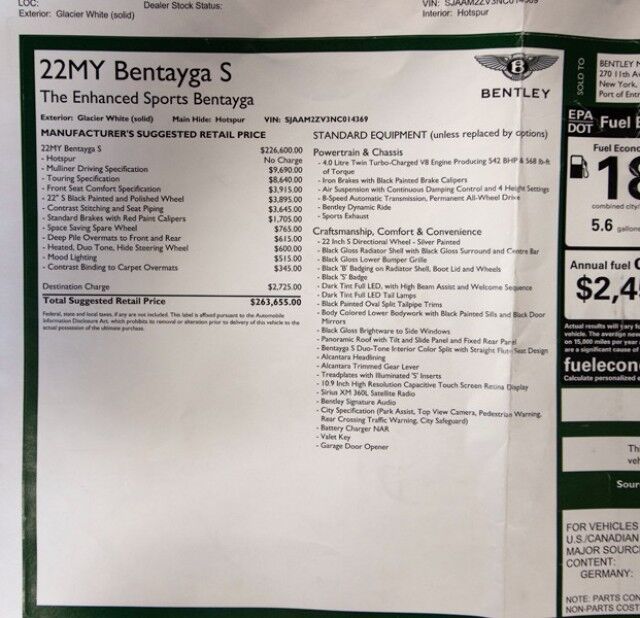 2022 Bentley Bentayga S ($263,655 MSRP) *MULLINER DRIVING SPEC* *TOURING SPEC* *LOADED* *1-OWNER* San Diego CA