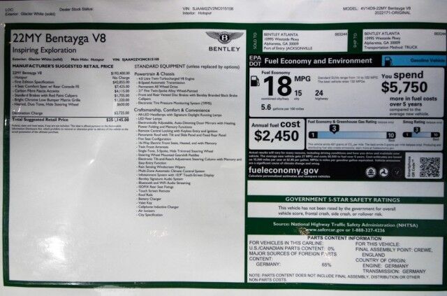 2022 Bentley Bentayga V8 FIRST EDITION ($254,145 MSRP) *4-SEAT SPECIFICATION* *CARBON FIBER VENEER* *NAIM AUDIO* *WHITE ON RED* San Diego CA