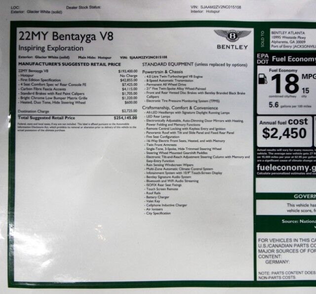 2022 Bentley Bentayga V8 FIRST EDITION ($254,145 MSRP) *4-SEAT SPECIFICATION* *CARBON FIBER VENEER* *NAIM AUDIO* *WHITE ON RED* San Diego CA