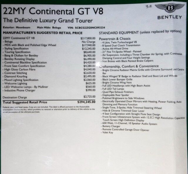 2022 Bentley Continental GT V8 ($294,245 MSRP!) *$74,000 IN OPTIONS* *BENTLEY CARBON FIBER BODYKIT* *6500 MILES* San Diego CA