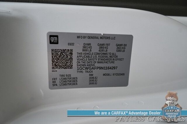 2022 Chevrolet Express Cargo Van 2500 / Convenience Pkg / Chrome Appearance & Cold Climate Pkg / 4.3L V6 / Bulkhead / Power Locks, Windows & Mirrors / Back Up Camera / Cruise Control / New Studless Winter Tires / Block Heater / 1-Owner Anchorage AK