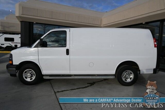 2022 Chevrolet Express Cargo Van 2500 / Convenience Pkg / Cold Climate Pkg / 4.3L V6 / Bulkhead / Power Locks, Windows & Mirrors / AUX Input / Back Up Camera / Air Conditioning / Cruise Control / Block Heater / Only 17K Miles / 1-Owner Anchorage AK