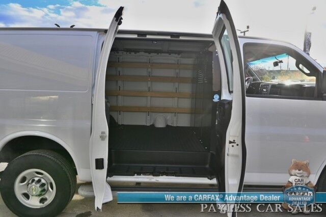 2022 Chevrolet Express Cargo Van 2500 / Convenience Pkg / Cold Climate Pkg / 4.3L V6 / Bulkhead / Power Locks, Windows & Mirrors / AUX Input / Back Up Camera / Air Conditioning / Cruise Control / Block Heater / Only 17K Miles / 1-Owner Anchorage AK