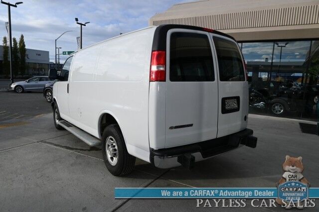 2022 Chevrolet Express Cargo Van 2500 / Convenience Pkg / Cold Climate Pkg / 4.3L V6 / Bulkhead / Power Locks, Windows & Mirrors / AUX Input / Back Up Camera / Air Conditioning / Cruise Control / Block Heater / Only 17K Miles / 1-Owner Anchorage AK