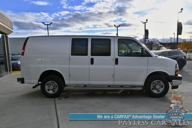 2022 Chevrolet Express Cargo Van 2500 / Convenience Pkg / Cold Climate Pkg / 4.3L V6 / Bulkhead / Power Locks, Windows & Mirrors / AUX Input / Back Up Camera / Air Conditioning / Cruise Control / Block Heater / Only 17K Miles / 1-Owner Anchorage AK