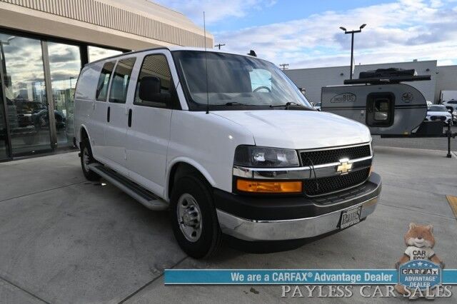 2022 Chevrolet Express Cargo Van 2500 / Convenience Pkg / Cold Climate Pkg / 4.3L V6 / Bulkhead / Power Locks, Windows & Mirrors / AUX Input / Back Up Camera / Air Conditioning / Cruise Control / Block Heater / Only 17K Miles / 1-Owner Anchorage AK