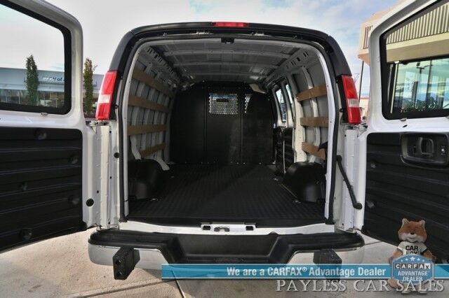 2022 Chevrolet Express Cargo Van 2500 / Convenience Pkg / Cold Climate Pkg / 4.3L V6 / Bulkhead / Power Locks, Windows & Mirrors / AUX Input / Back Up Camera / Air Conditioning / Cruise Control / Block Heater / Only 17K Miles / 1-Owner Anchorage AK