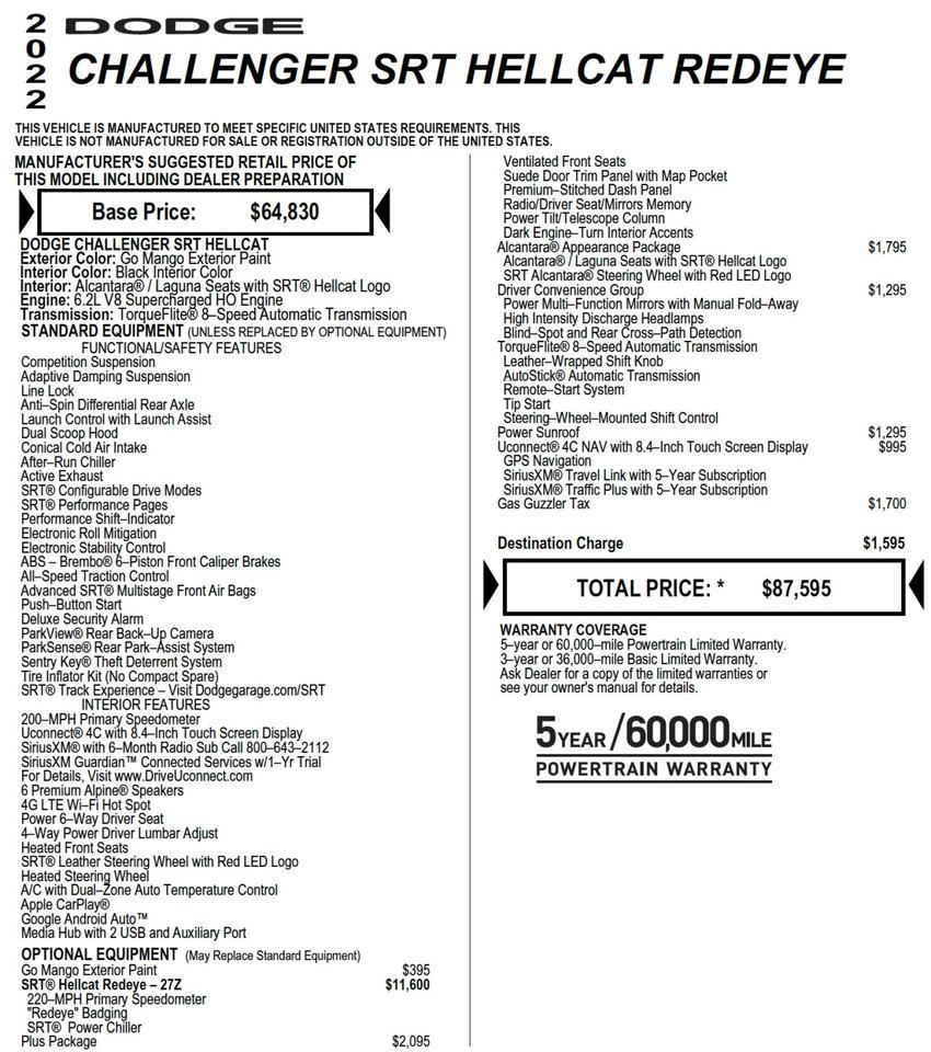 2022 Dodge Challenger SRT Hellcat Redeye / Plus Package / Alcantara PKG! Lincolnton NC