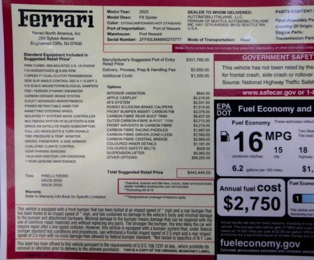 2022 Ferrari F8 Spider ($443,444 MSRP!!) *$136,426 IN FACTORY OPTIONS!!* *ONLY 3400 MILES* *ONE-OF-A-KIND* San Diego CA