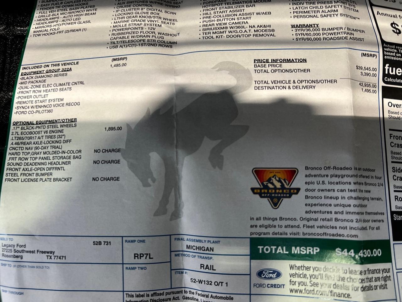 2022 Ford Bronco Black Diamond, Mid Pkg, V6, Lift, Icon Wheels, Upgrade Sound System Houston TX