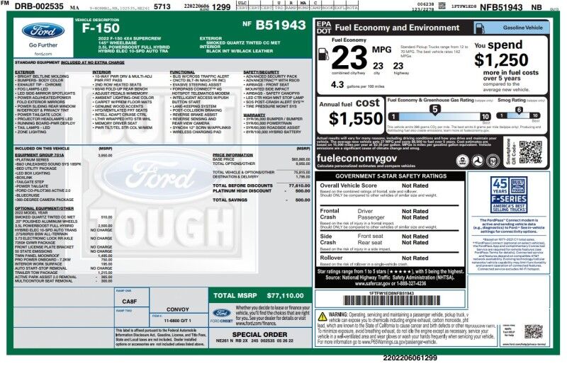 2022 Ford F-150 Platinum - 1 OWNER - OVER 77K NEW Whitinsville MA