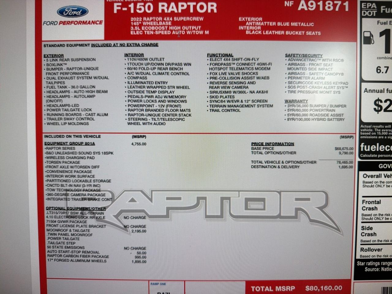 2022 Ford F-150 Raptor, Moonroof & Tailgate Pkg, Carbon Fiber Pkg, Forged Bead-Lock Capable Wheels Houston TX