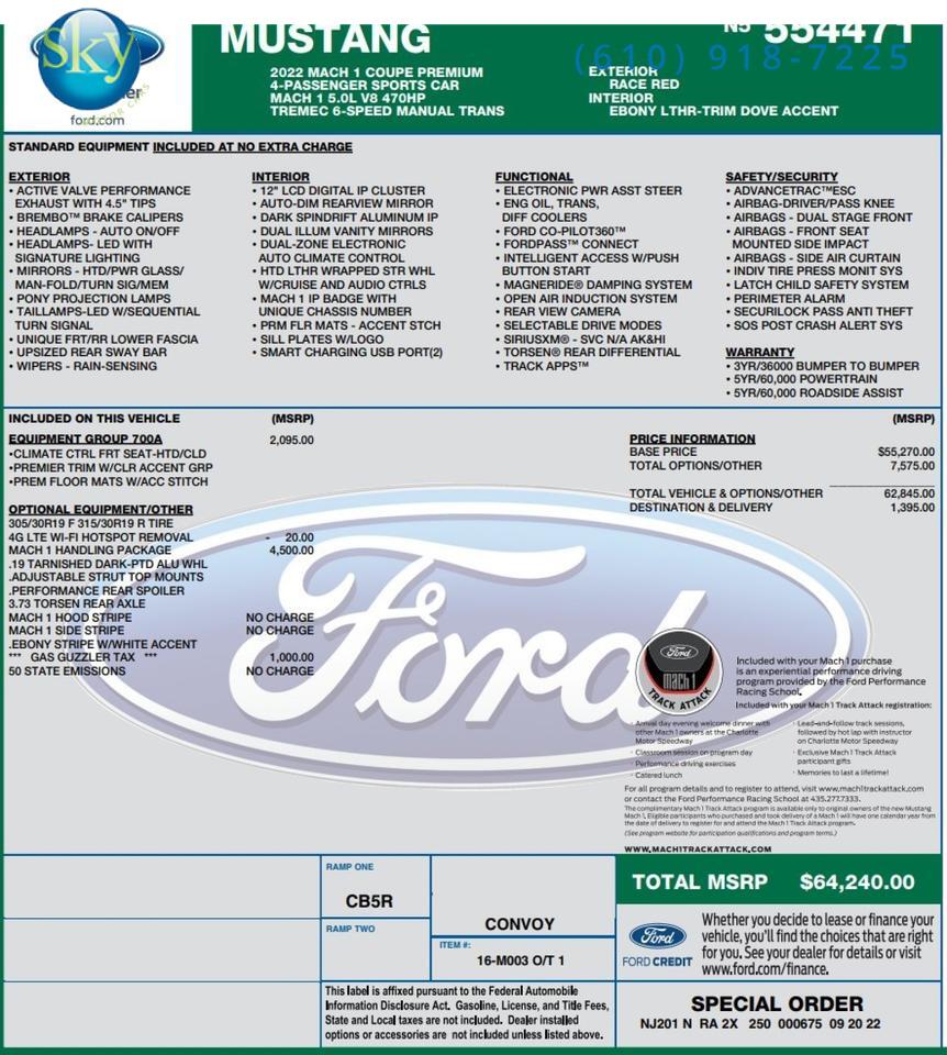 2022 Ford Mustang Fastback Mach 1 6 Speed Manual West Chester PA