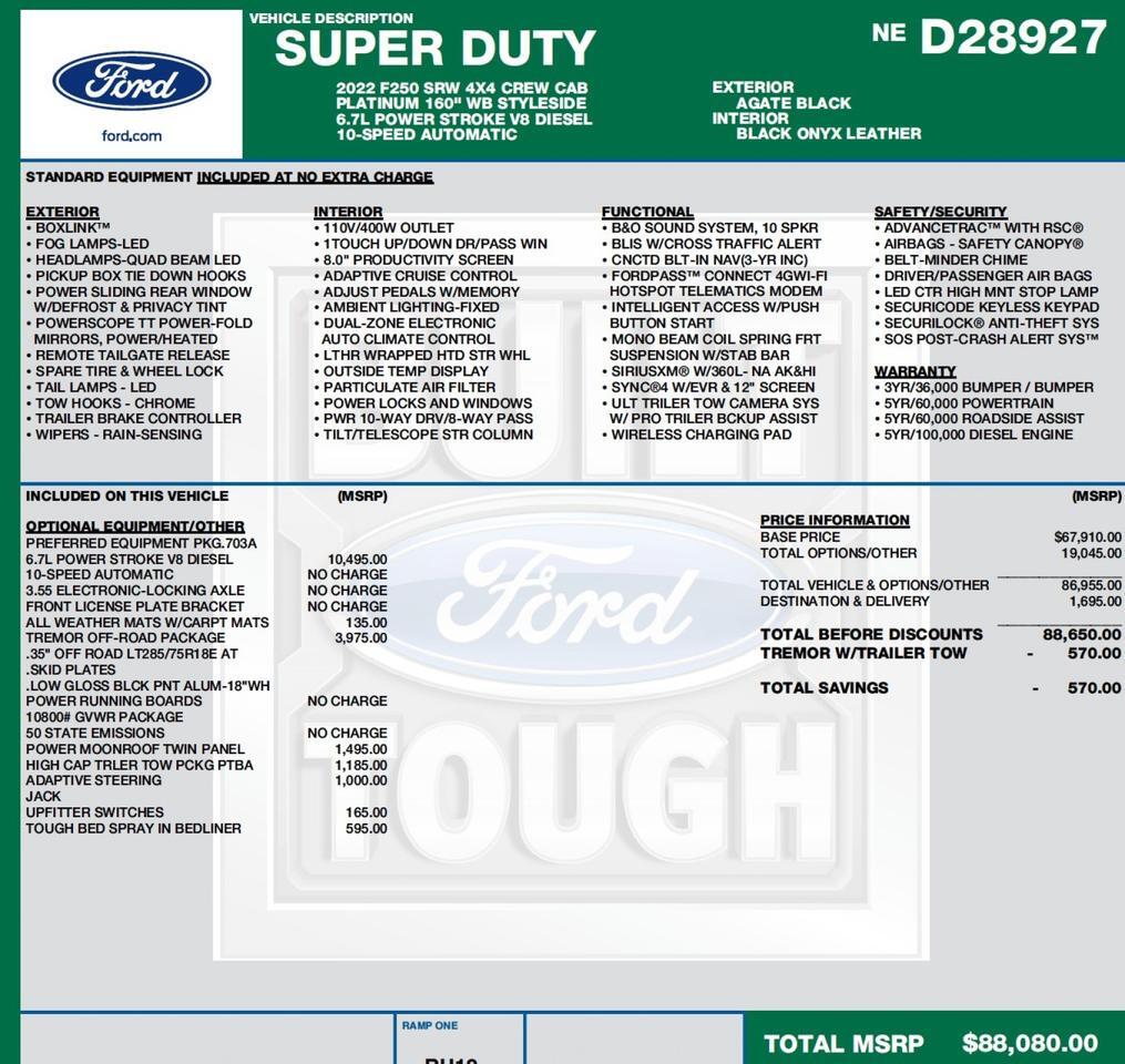 2022 Ford Super Duty F-250 Platinum 4X4 / Tremor / V8 Turbo Diesel! Lincolnton NC