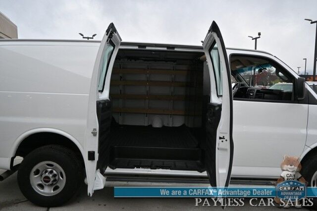 2022 GMC Savana Cargo Van 2500 / Chrome Appearance & Cold Climate Pkg / 4.3L V6 / Driver Convenience Pkg / Bulkhead / Power Locks, Windows & Mirrors / Aux Input / Air Conditioning / Cruise Control / Running Boards / 1-Owner Anchorage AK
