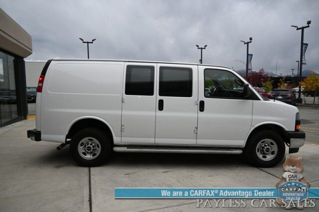 2022 GMC Savana Cargo Van 2500 / Chrome Appearance & Cold Climate Pkg / 4.3L V6 / Driver Convenience Pkg / Bulkhead / Power Locks, Windows & Mirrors / Aux Input / Air Conditioning / Cruise Control / Running Boards / 1-Owner Anchorage AK