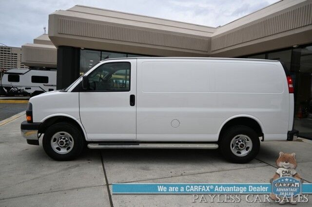2022 GMC Savana Cargo Van 2500 / Chrome Appearance & Cold Climate Pkg / 4.3L V6 / Driver Convenience Pkg / Bulkhead / Power Locks, Windows & Mirrors / Aux Input / Air Conditioning / Cruise Control / Running Boards / 1-Owner Anchorage AK