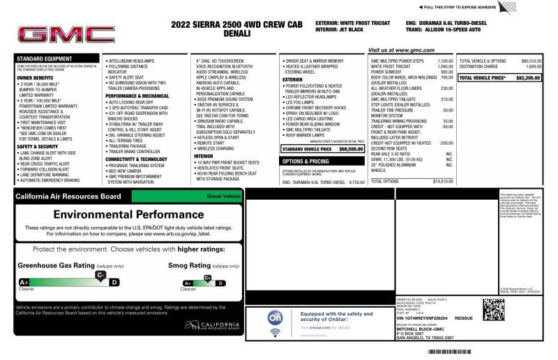 2022 GMC Sierra 2500HD Denali 4WD 6.6L Diesel GPS Camera Sunroof FREE WARRANTY