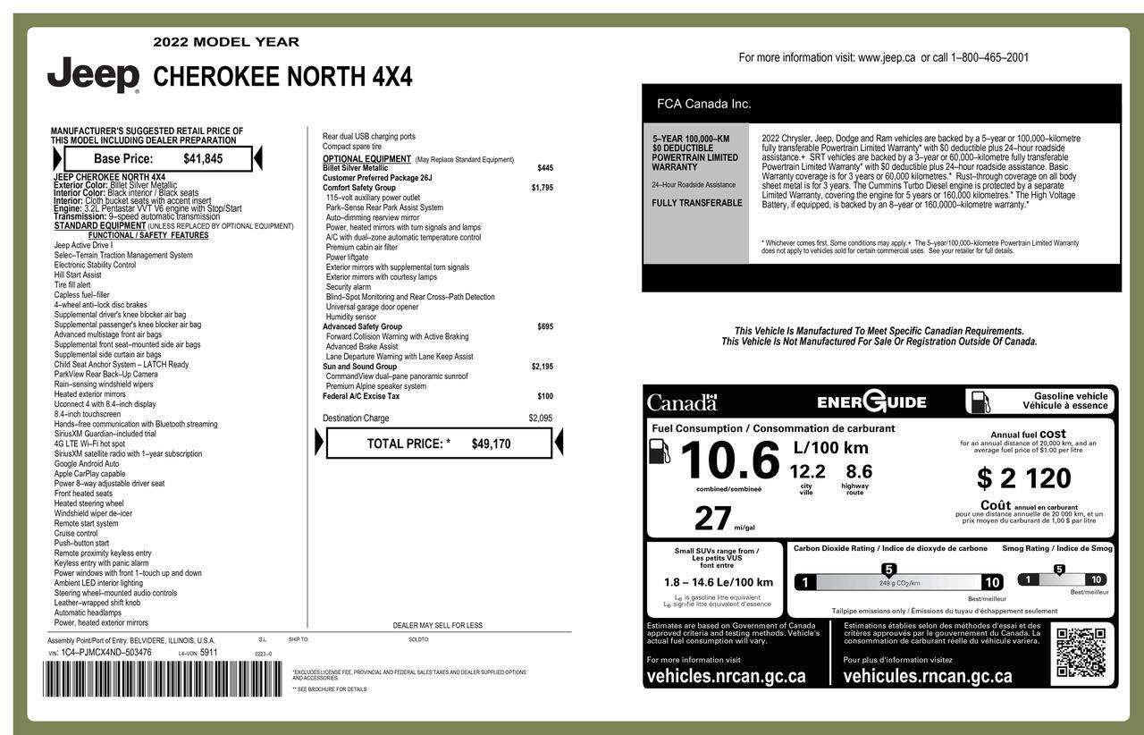 2022 Jeep Cherokee 4x4 North Roof BCam Red Deer AB